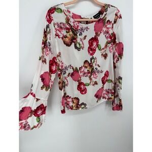Bebe Floral Blouse Women Large White Cherry Rose Print Bell Sleeve Open Back Tie
